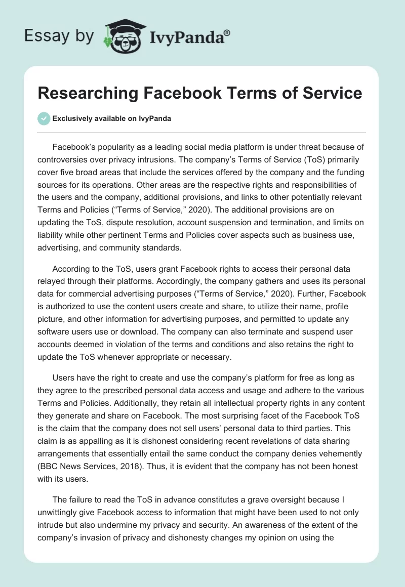 Researching Facebook Terms of Service. Page 1