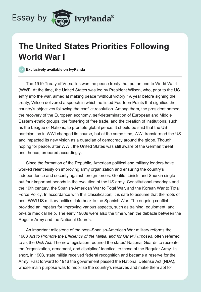 The United States Priorities Following World War I. Page 1