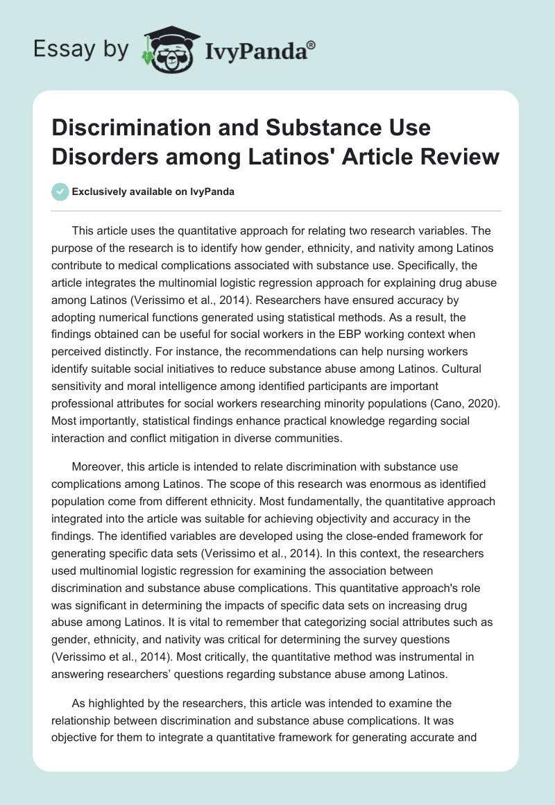 Discrimination and Substance Use Disorders among Latinos' Article Review. Page 1
