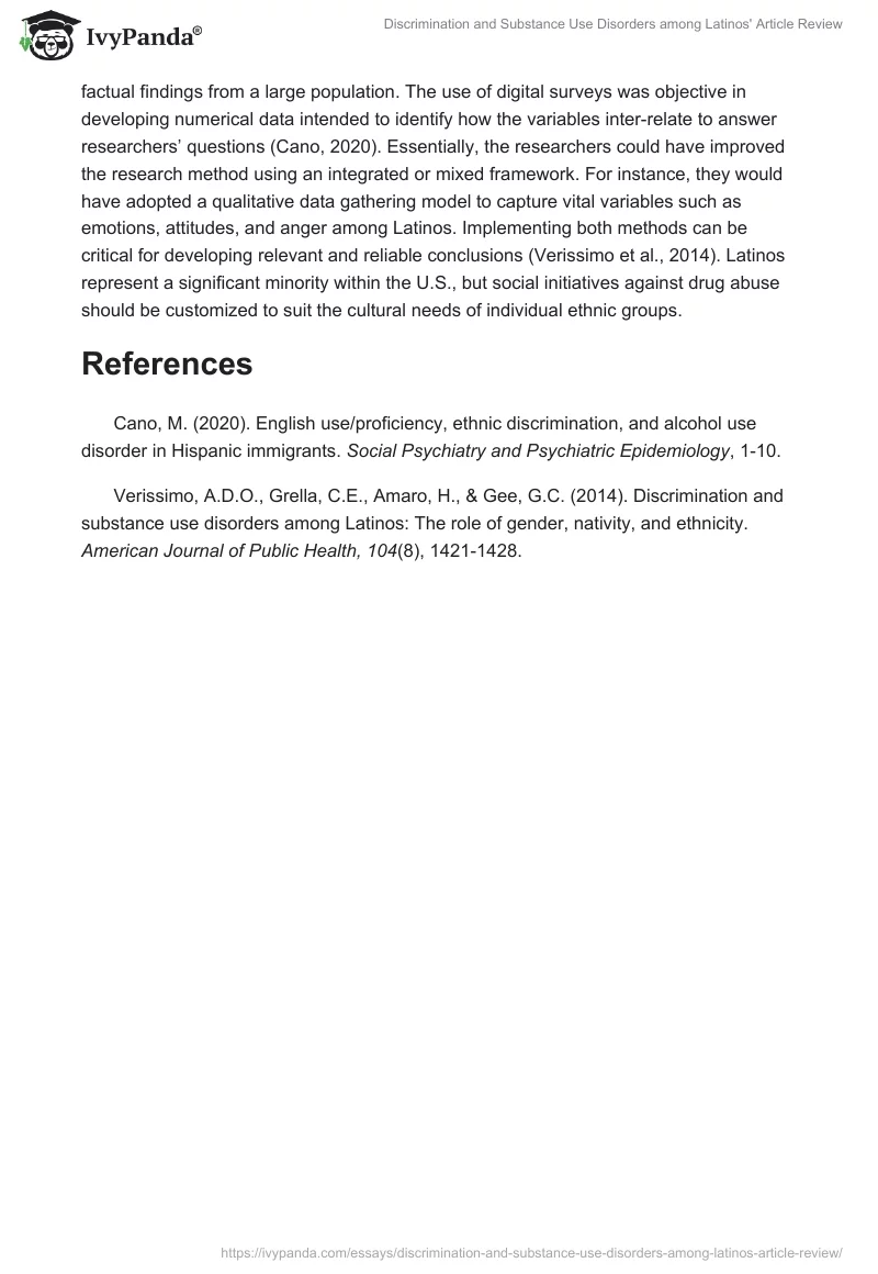 Discrimination and Substance Use Disorders among Latinos' Article Review. Page 2
