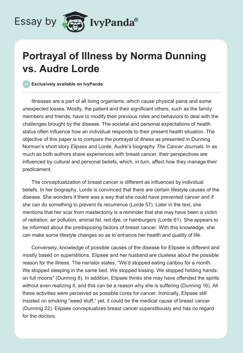 Portrayal of Illness by Norma Dunning vs. Audre Lorde. Page 1