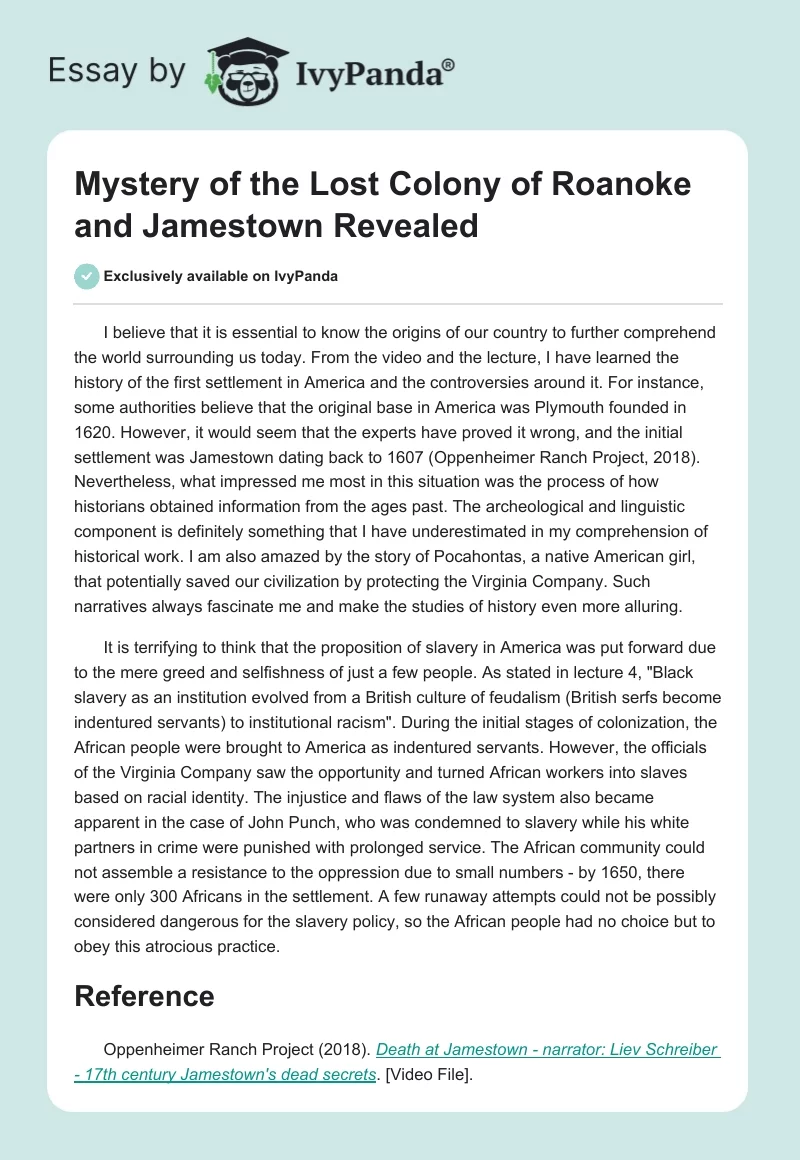 Mystery of the Lost Colony of Roanoke and Jamestown Revealed. Page 1