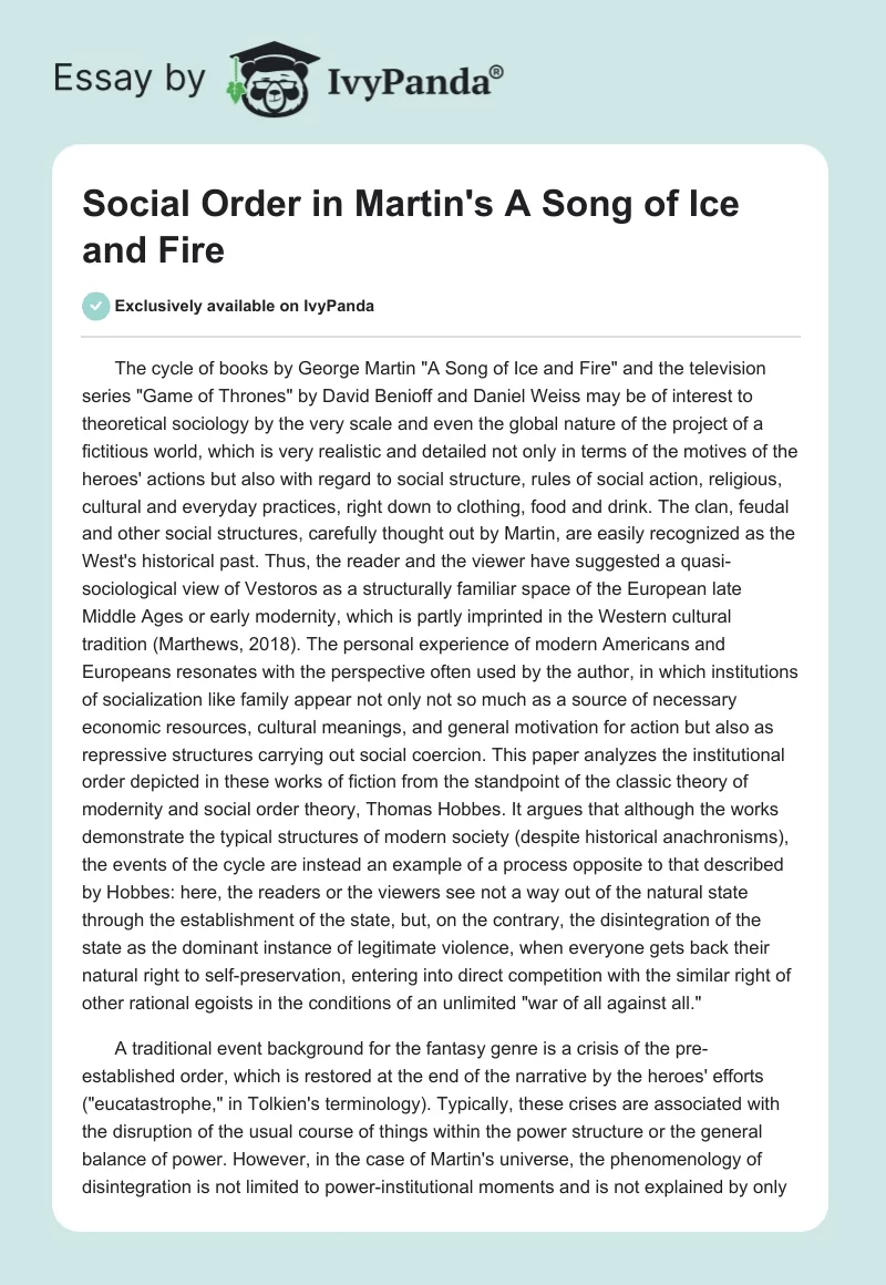 Social Order in Martin's "A Song of Ice and Fire". Page 1
