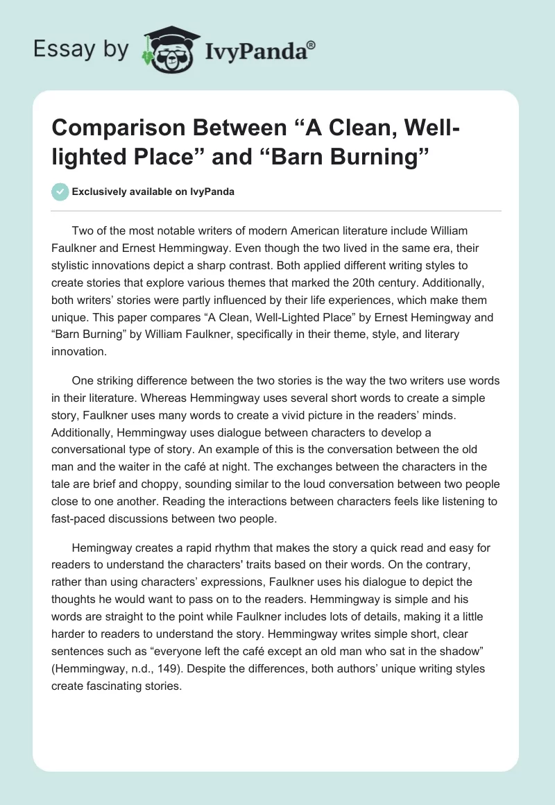 Comparison Between “A Clean, Well-lighted Place” and “Barn Burning”. Page 1