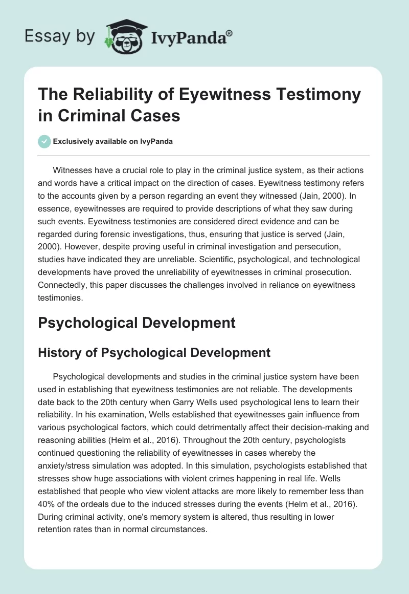 The Reliability of Eyewitness Testimony in Criminal Cases. Page 1