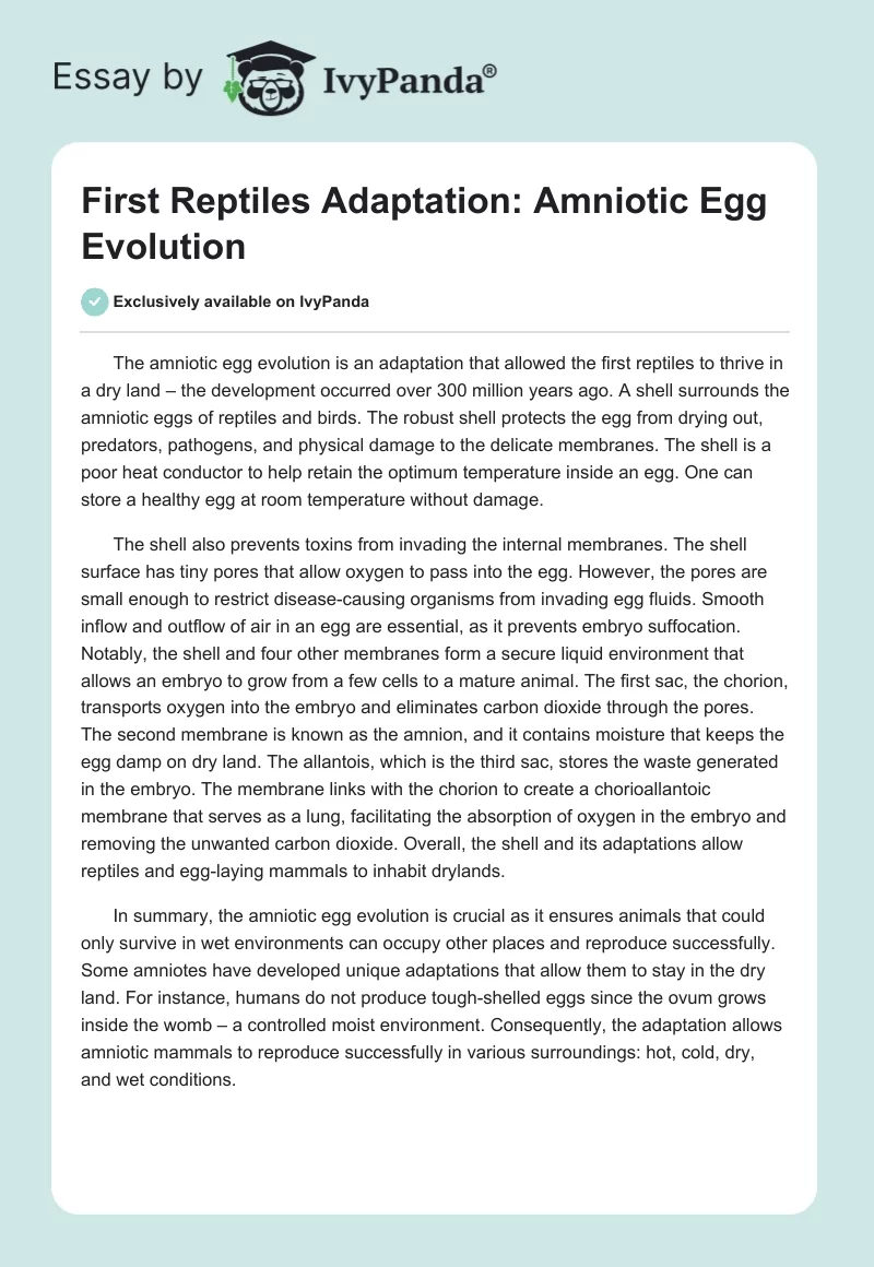 First Reptiles Adaptation: Amniotic Egg Evolution. Page 1