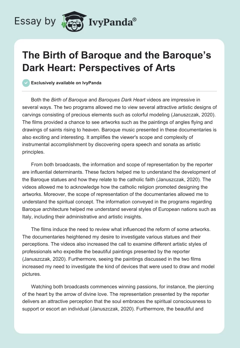 The Birth of Baroque and the Baroque’s Dark Heart: Perspectives of Arts. Page 1