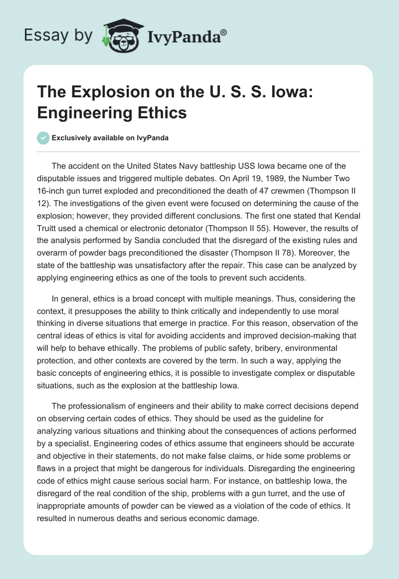 The Explosion on the U. S. S. Iowa: Engineering Ethics. Page 1