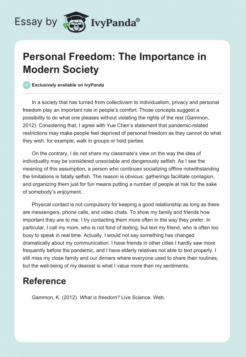 Personal Freedom: The Importance in Modern Society. Page 1