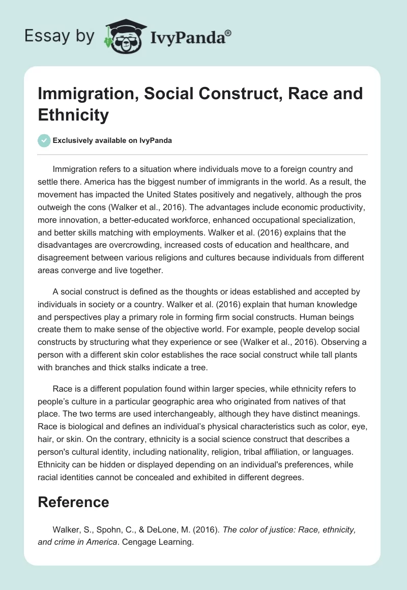 Immigration, Social Construct, Race and Ethnicity. Page 1
