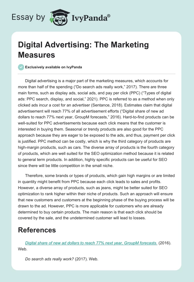 Digital Advertising: The Marketing Measures. Page 1