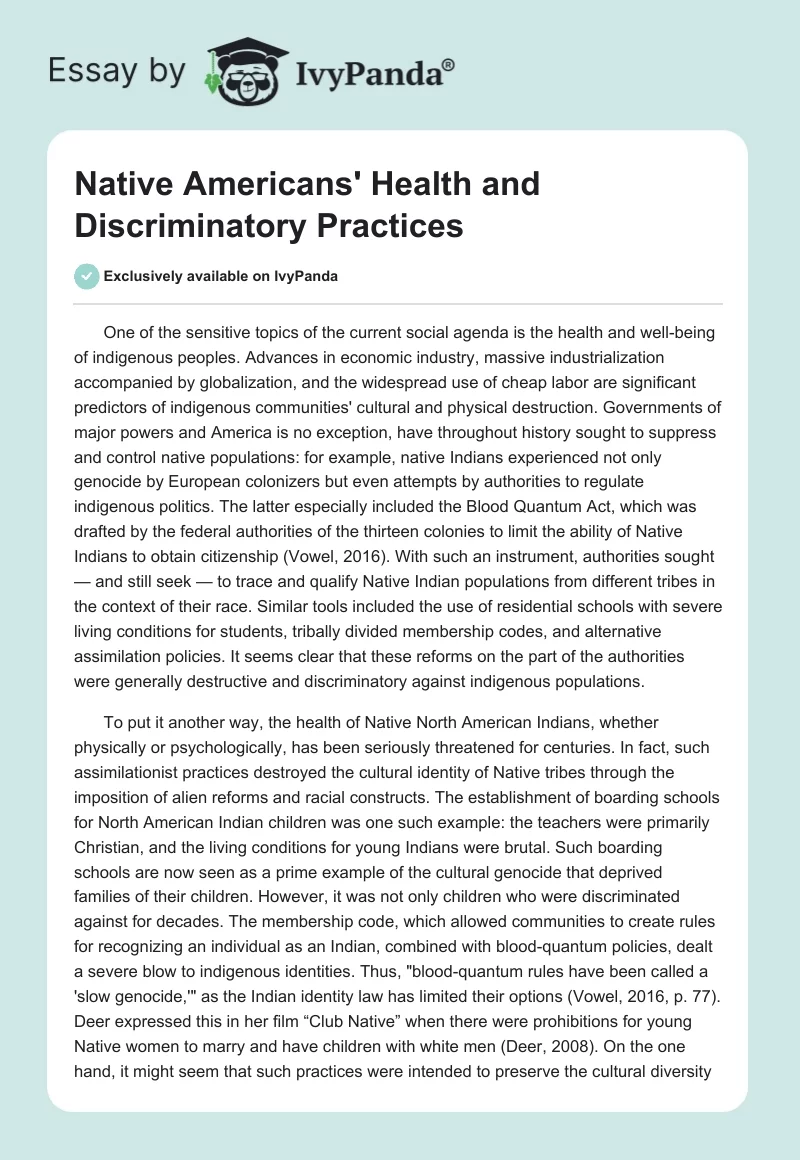 Native Americans' Health and Discriminatory Practices. Page 1