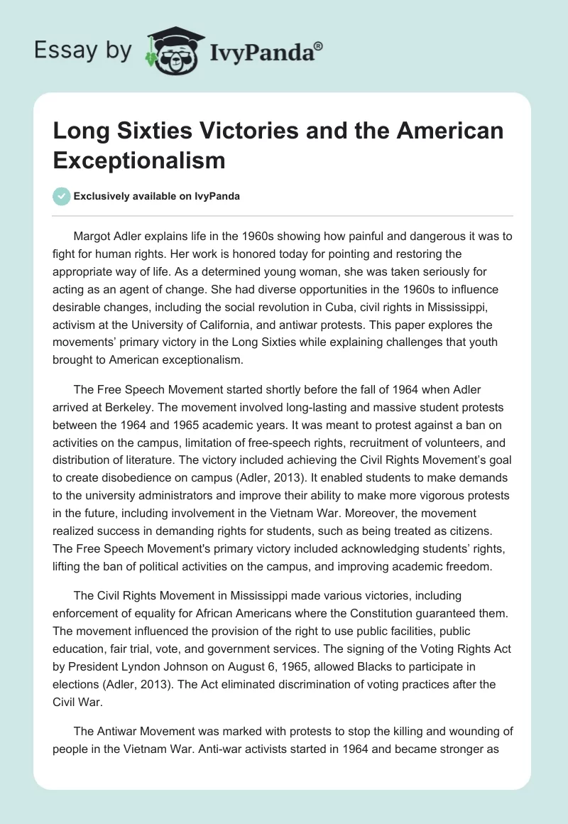 Long Sixties Victories and the American Exceptionalism. Page 1