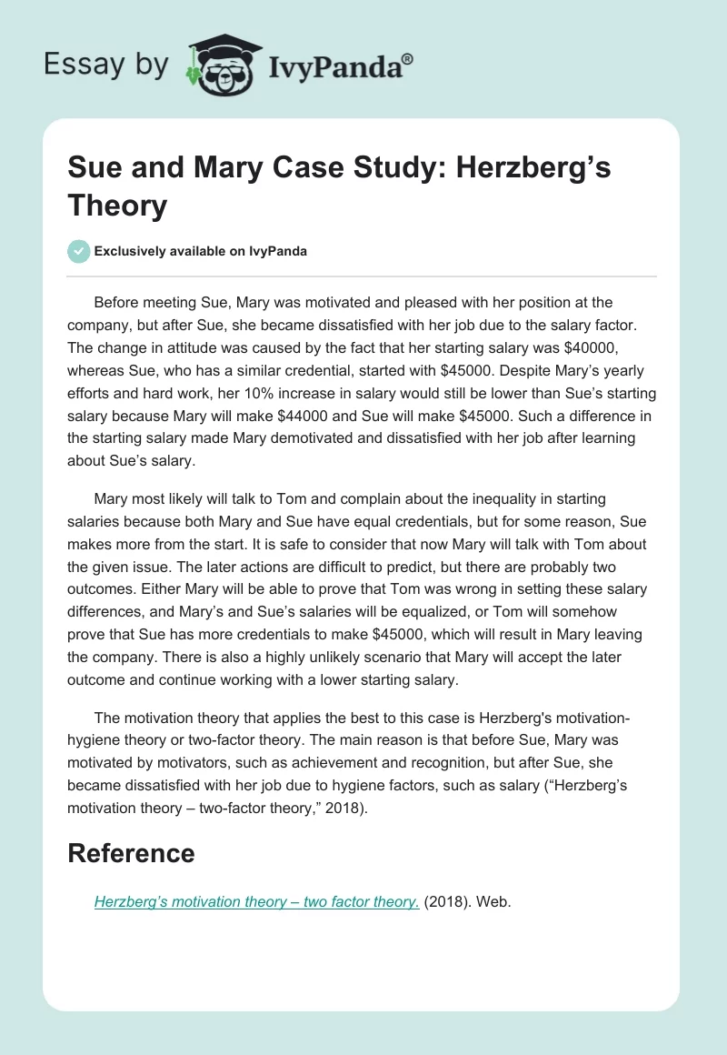 Sue and Mary Case Study: Herzberg’s Theory. Page 1