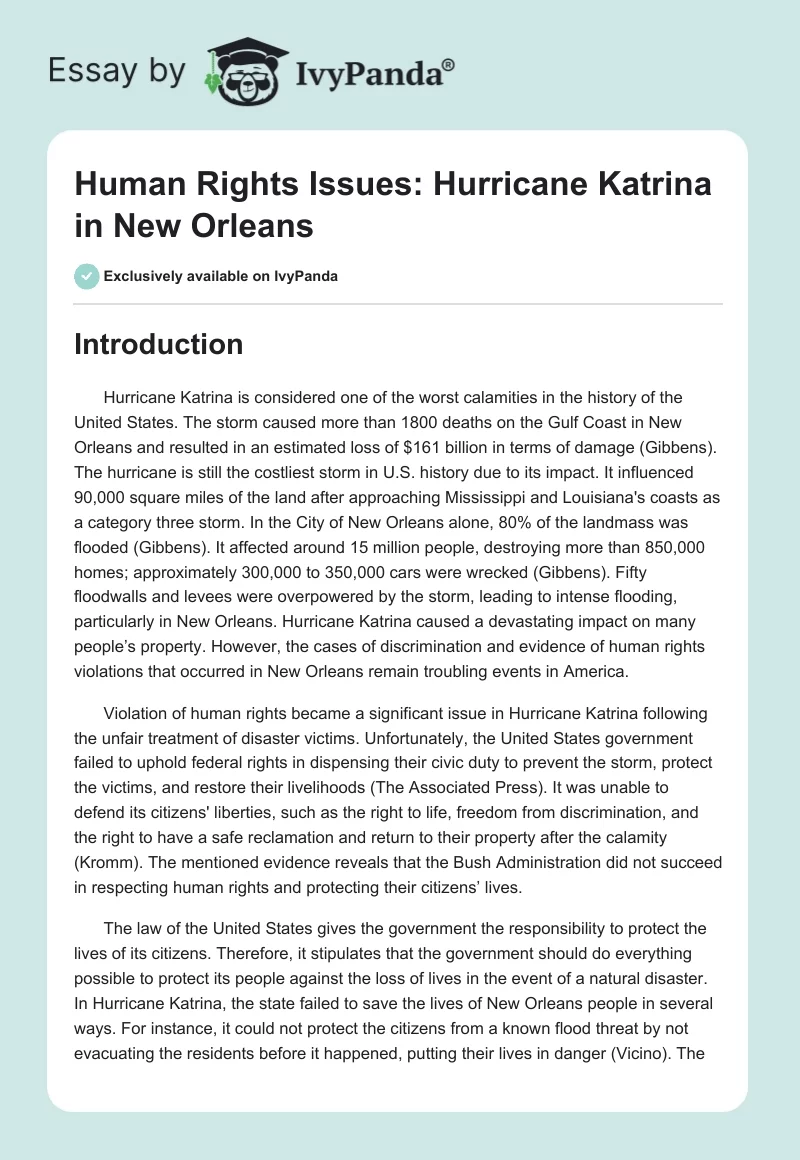 Human Rights Issues: Hurricane Katrina in New Orleans. Page 1