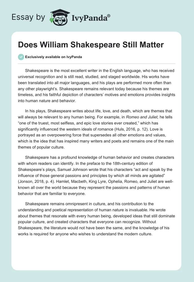 Does William Shakespeare Still Matter. Page 1