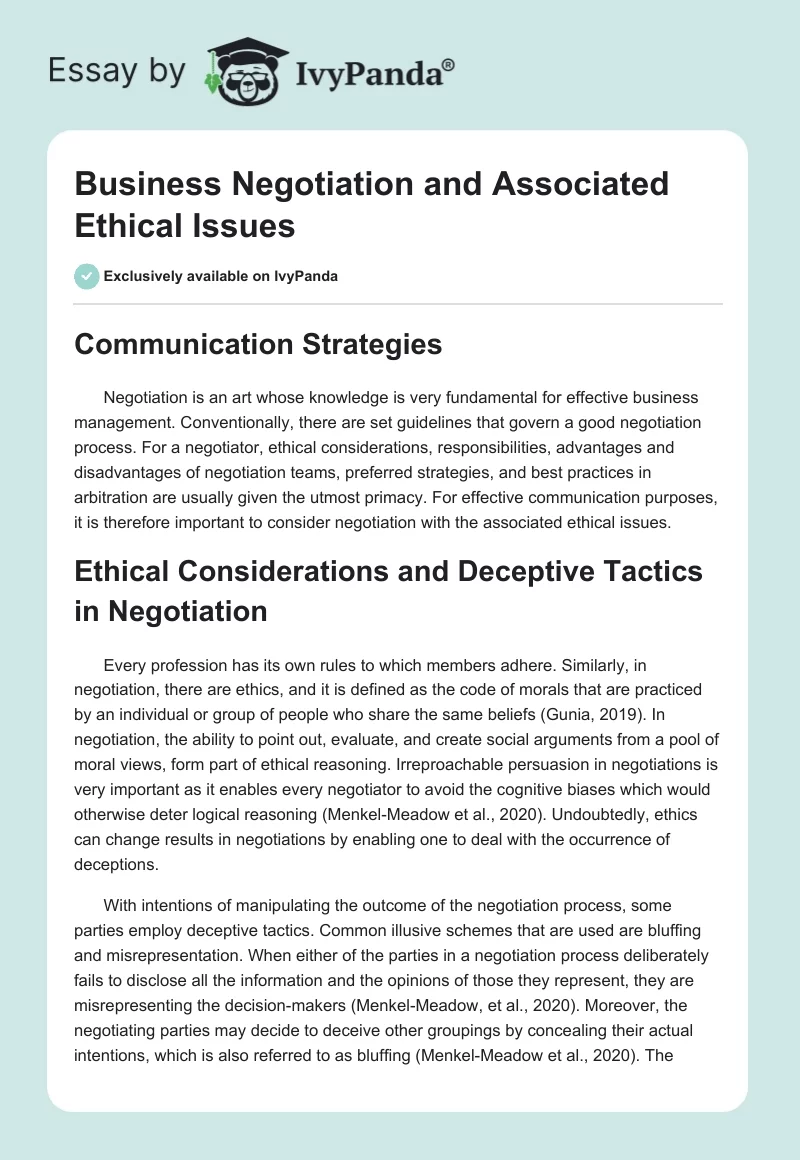 Business Negotiation and Associated Ethical Issues. Page 1