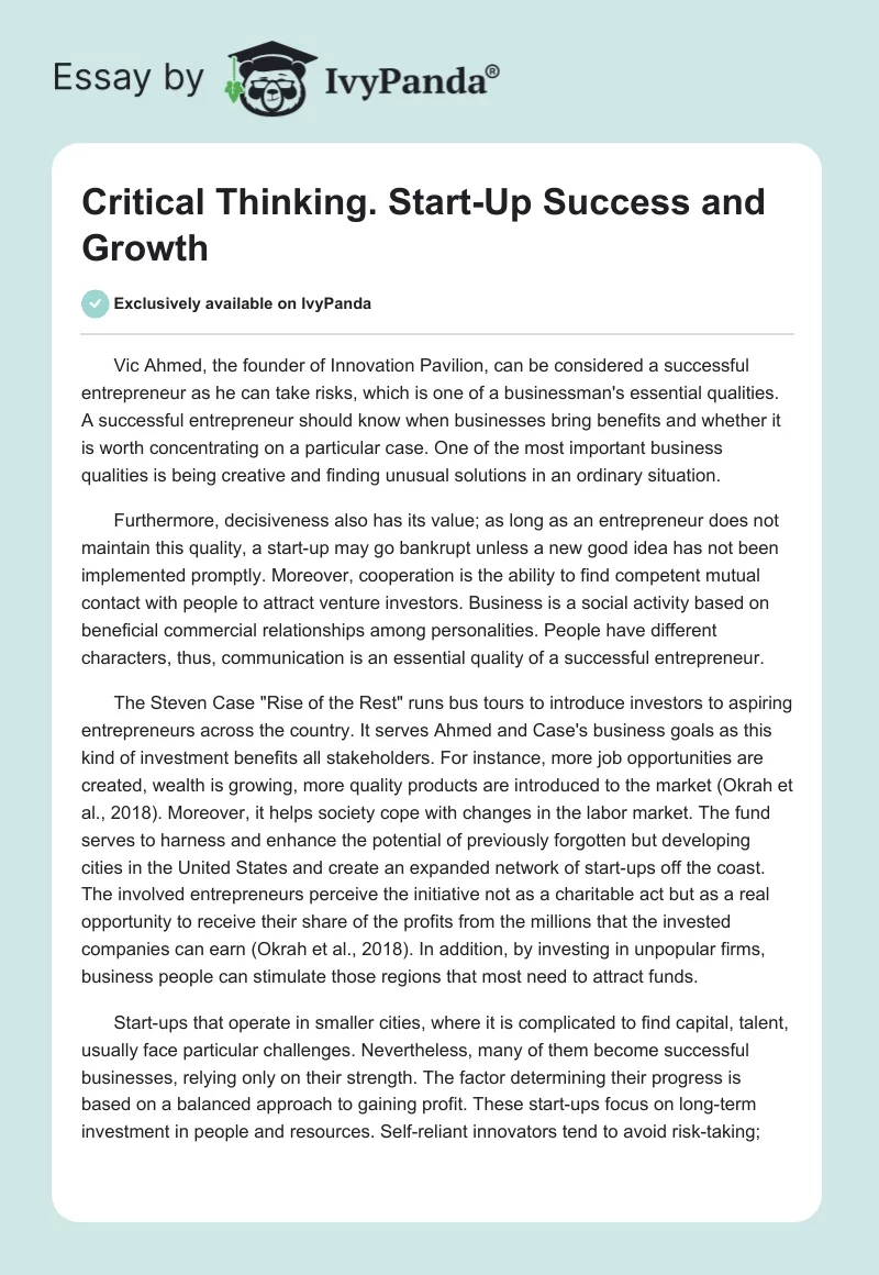Critical Thinking. Start-Up Success and Growth. Page 1