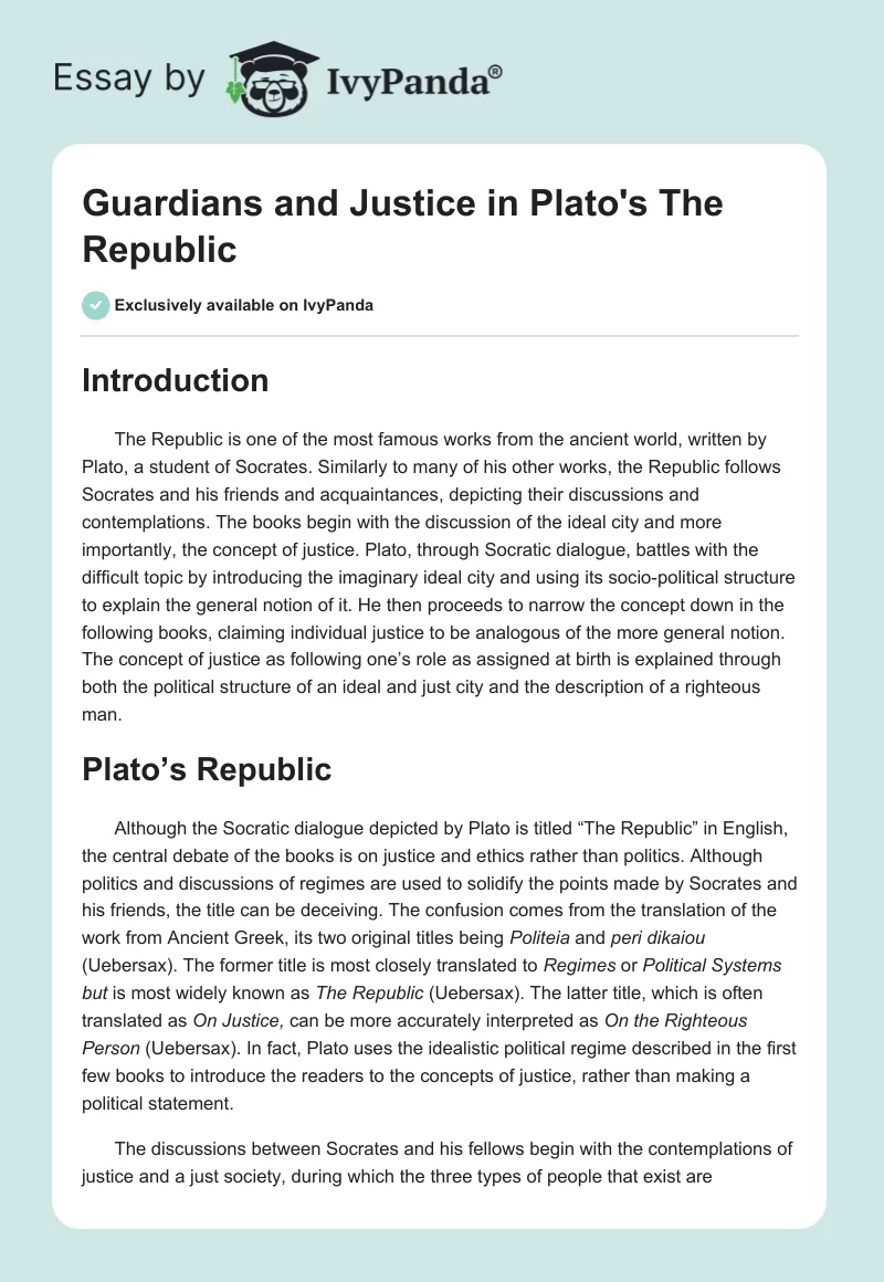 Guardians and Justice in Plato's "The Republic". Page 1
