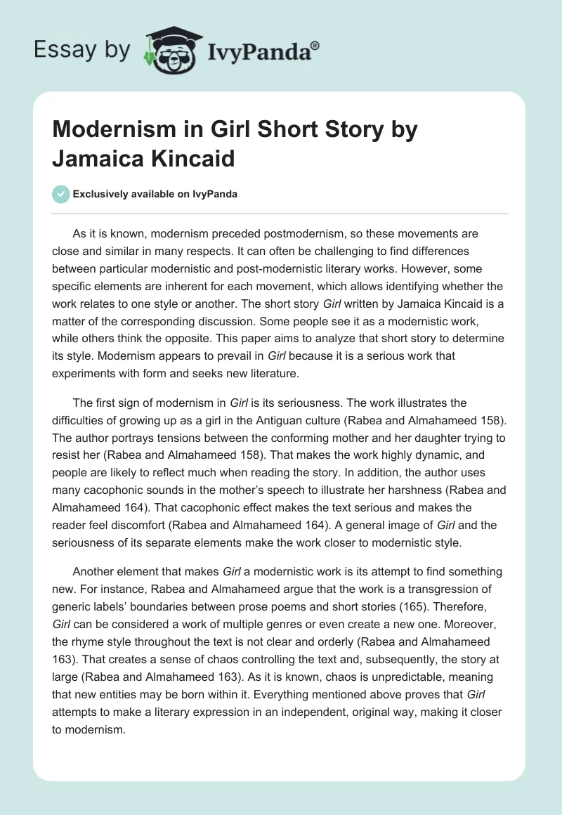 Modernism in "Girl" Short Story by Jamaica Kincaid. Page 1