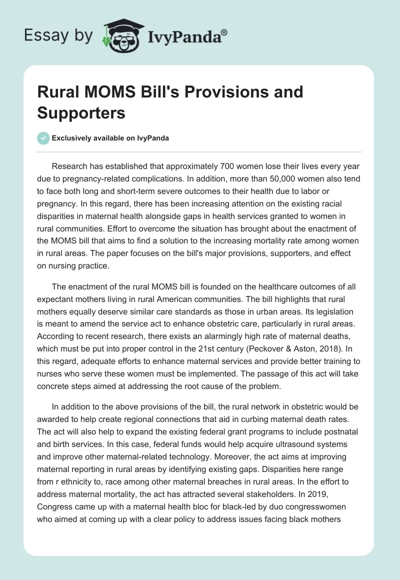 Rural MOMS Bill's Provisions and Supporters. Page 1