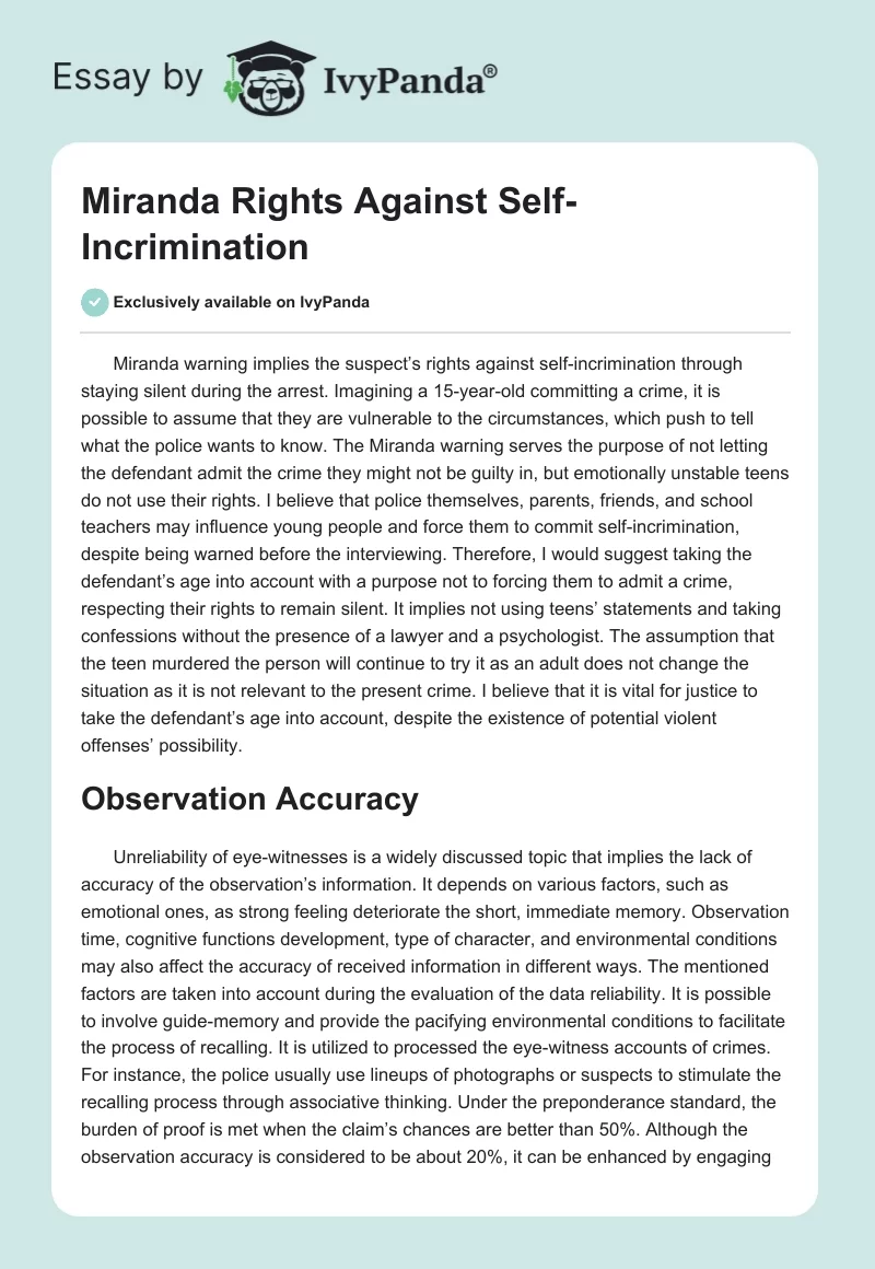 Miranda Rights Against Self-Incrimination. Page 1