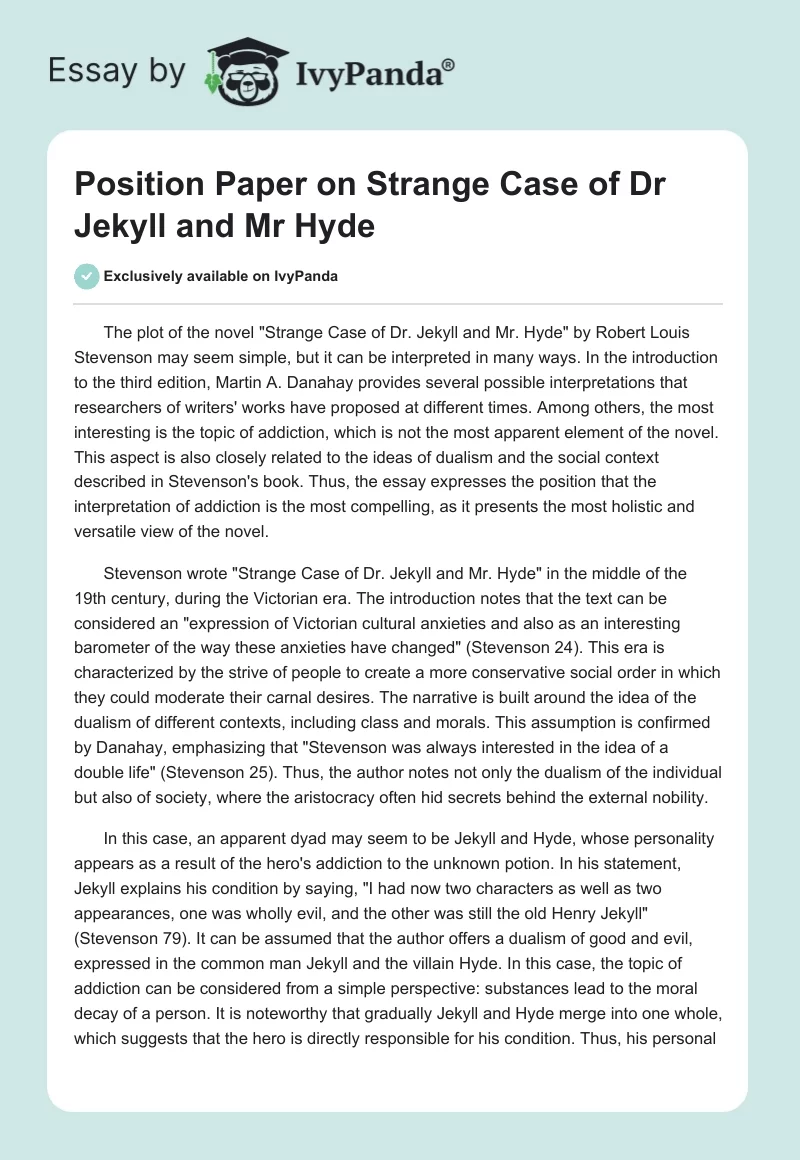 Position Paper on "Strange Case of Dr Jekyll and Mr Hyde". Page 1