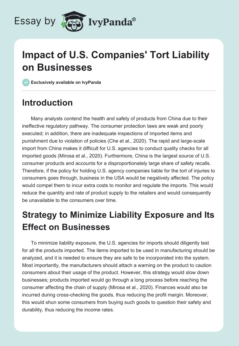 Impact of U.S. Companies' Tort Liability on Businesses. Page 1