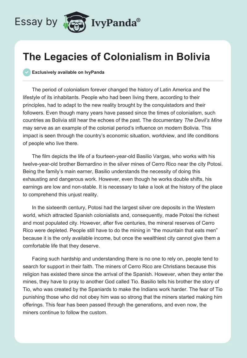 The Legacies of Colonialism in Bolivia. Page 1