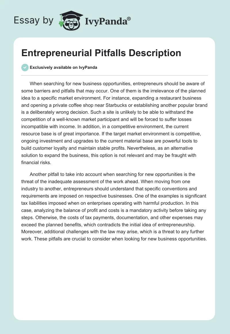 Entrepreneurial Pitfalls Description. Page 1