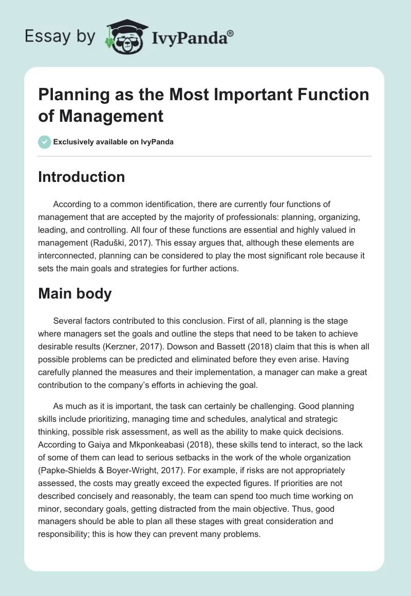 Planning as the Most Important Function of Management. Page 1