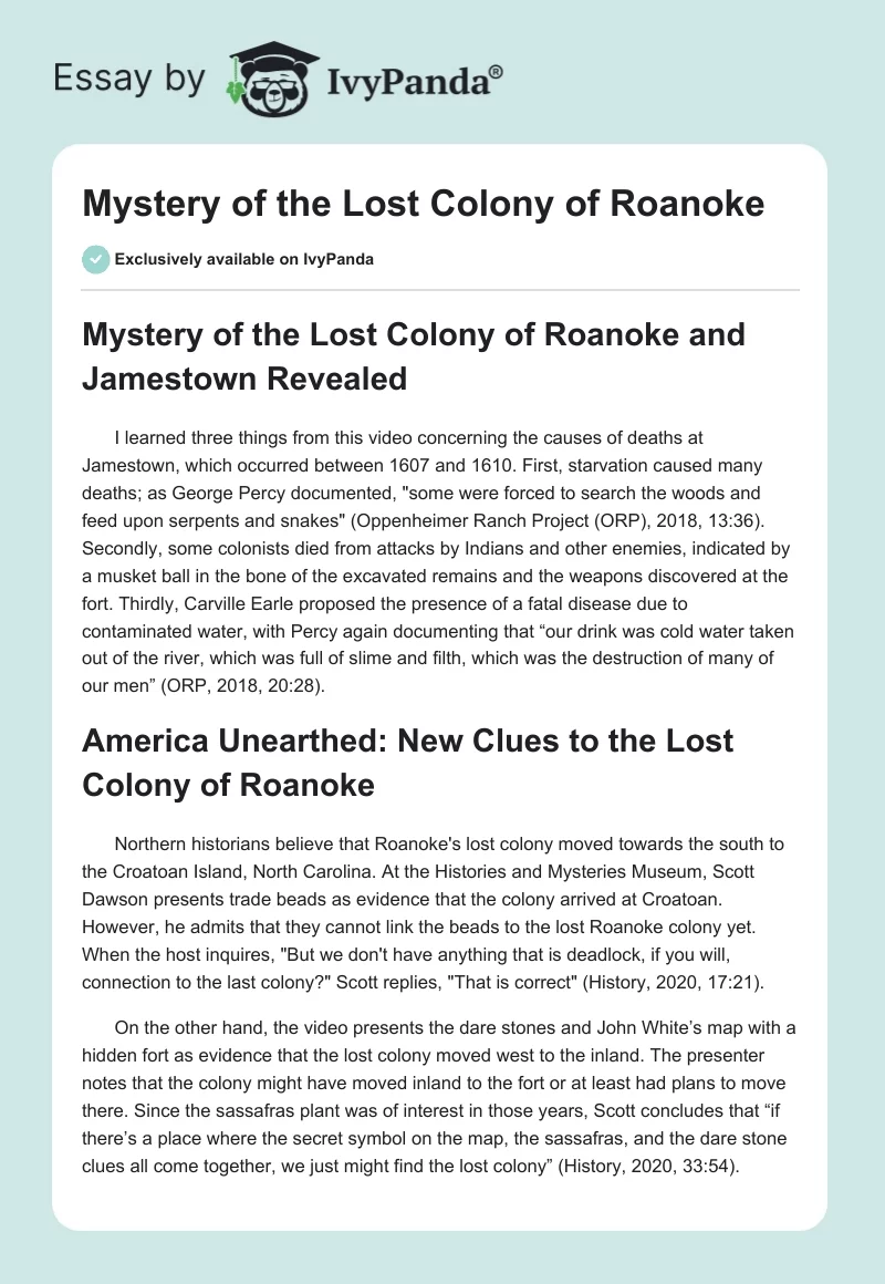 Mystery of the Lost Colony of Roanoke. Page 1