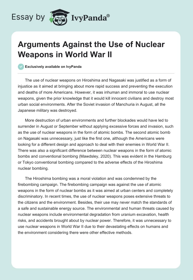 Arguments Against the Use of Nuclear Weapons in World War II. Page 1
