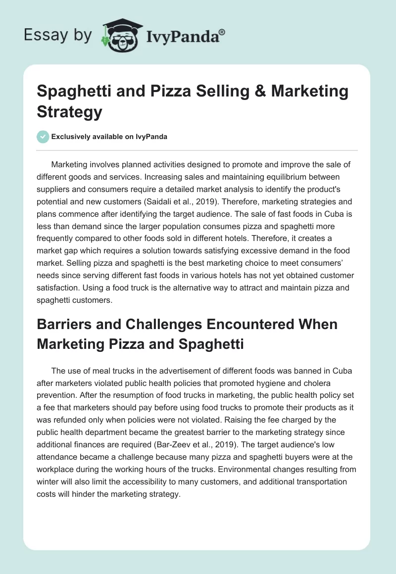Spaghetti and Pizza Selling & Marketing Strategy. Page 1