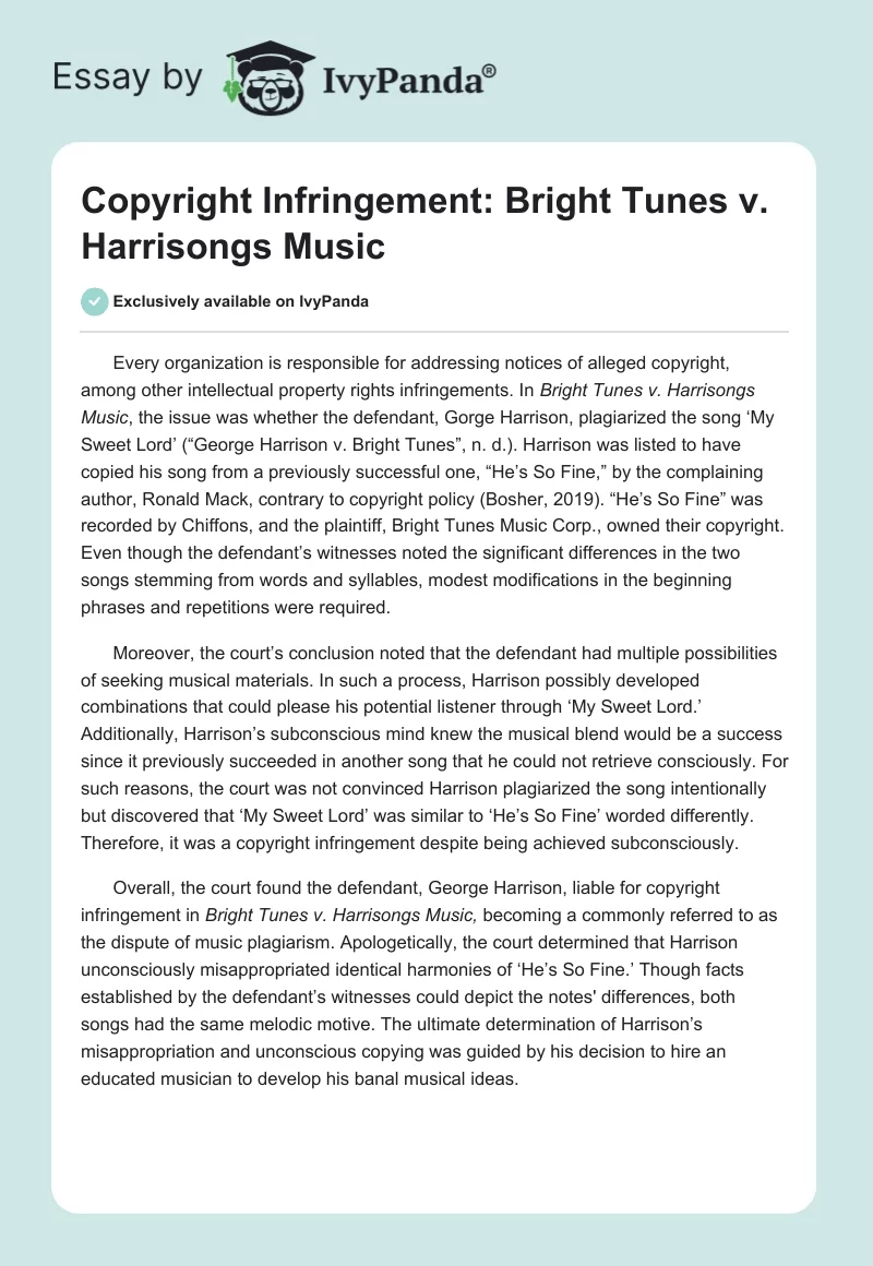 Copyright Infringement: Bright Tunes v. Harrisongs Music. Page 1