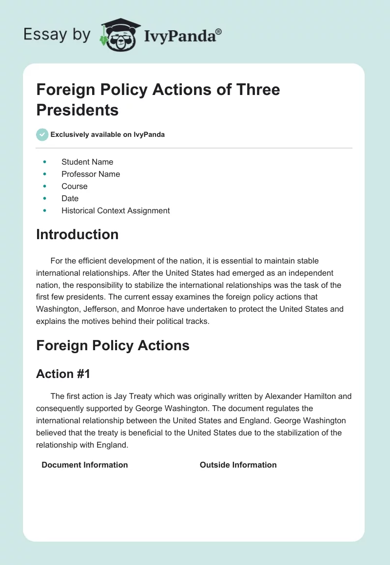 Foreign Policy Actions of Three Presidents. Page 1