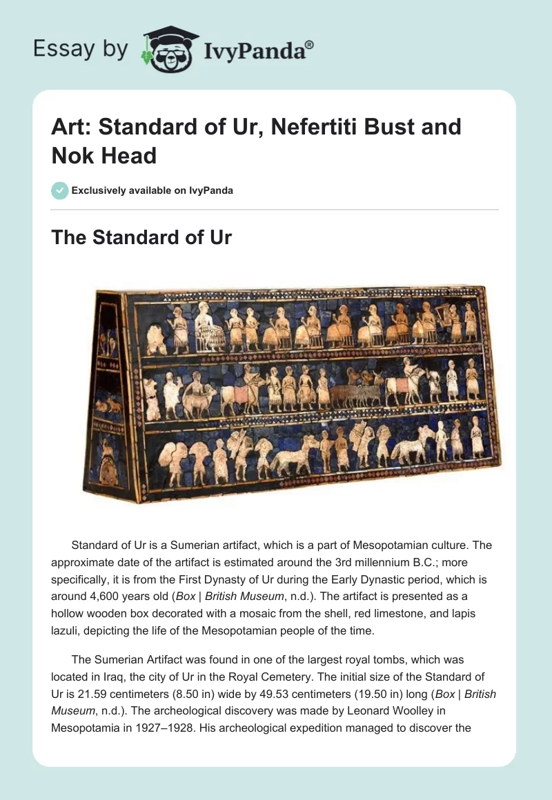 Art: Standard of Ur, Nefertiti Bust and Nok Head. Page 1