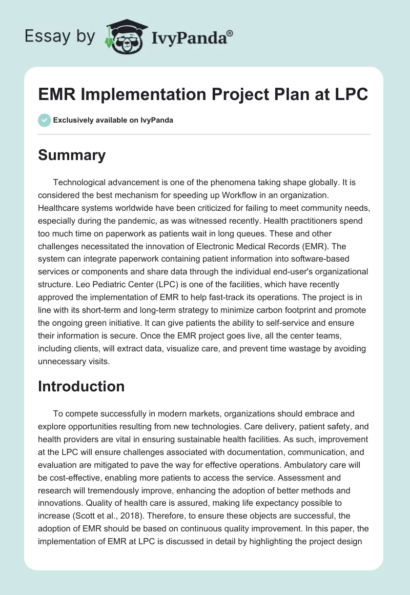 EMR Implementation Project Plan at LPC. Page 1