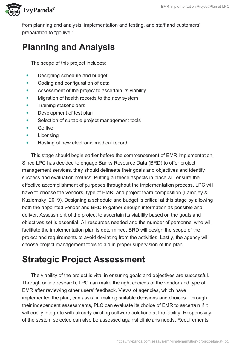 EMR Implementation Project Plan at LPC. Page 2