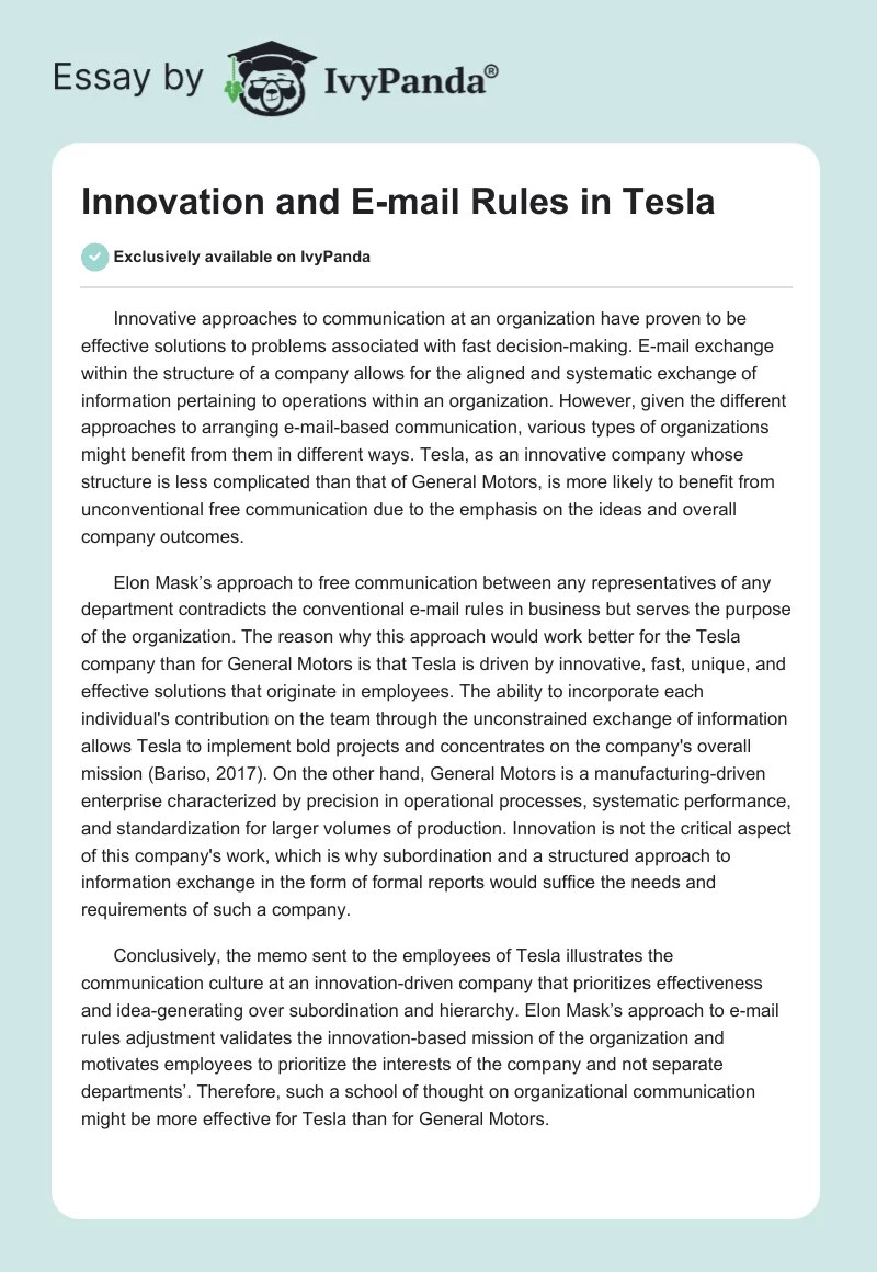 Innovation and E-mail Rules in Tesla. Page 1