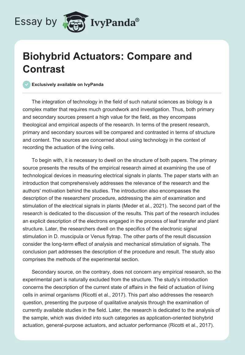 Biohybrid Actuators: Compare and Contrast. Page 1