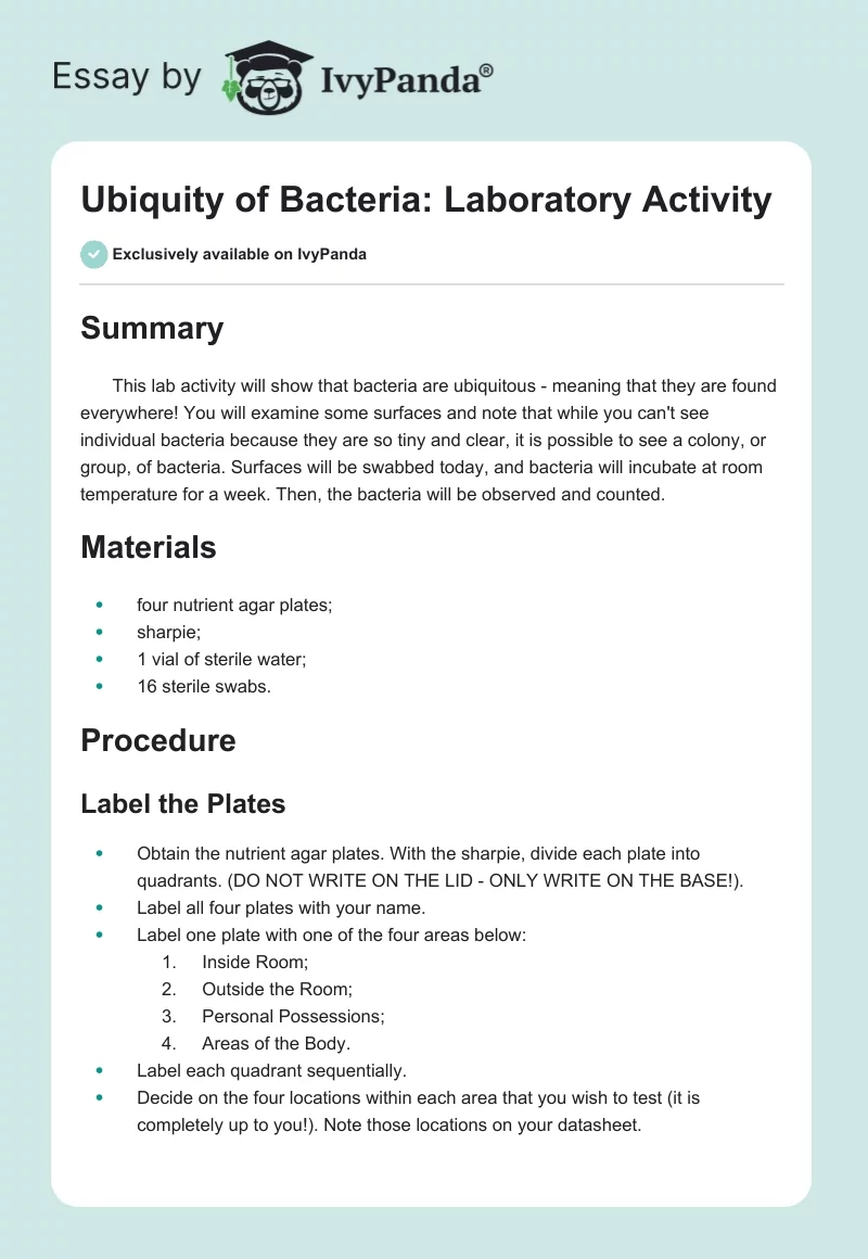 Ubiquity of Bacteria: Laboratory Activity. Page 1