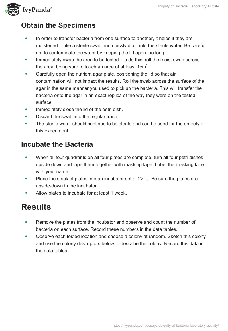 Ubiquity of Bacteria: Laboratory Activity. Page 2
