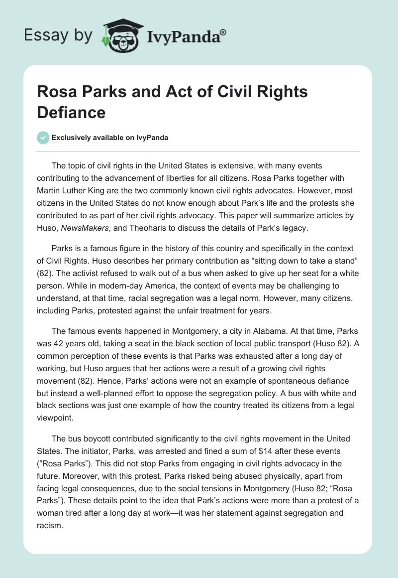 Rosa Parks and Act of Civil Rights Defiance. Page 1