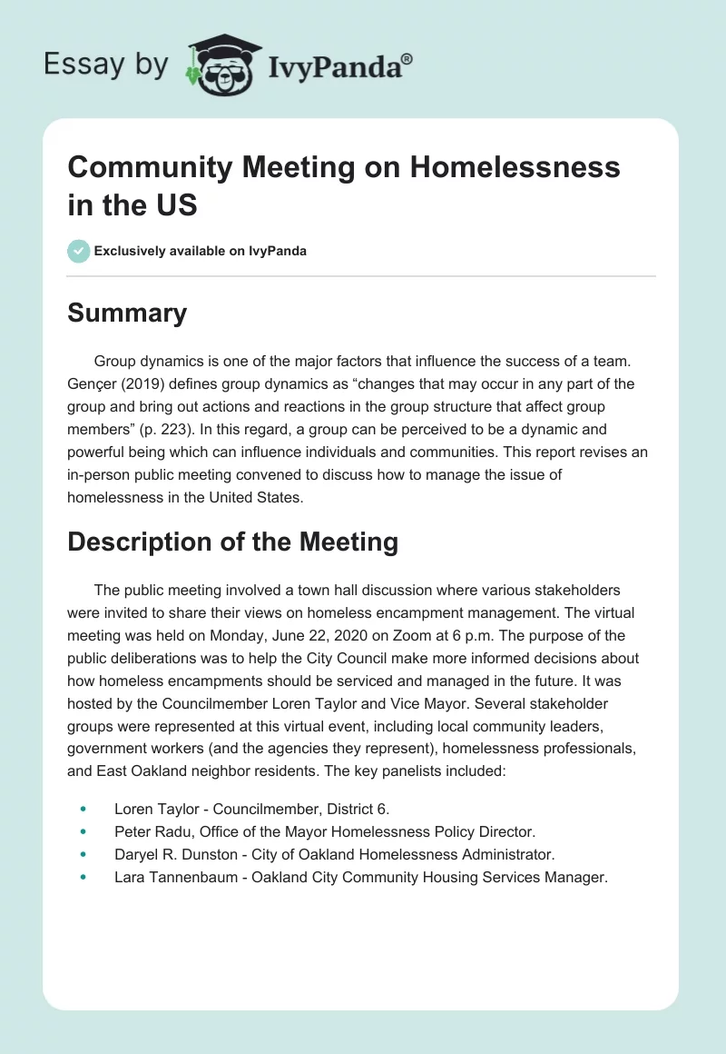 Community Meeting on Homelessness in the US. Page 1