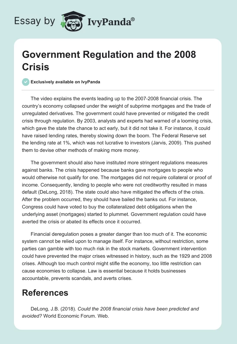 Government Regulation and the 2008 Crisis. Page 1
