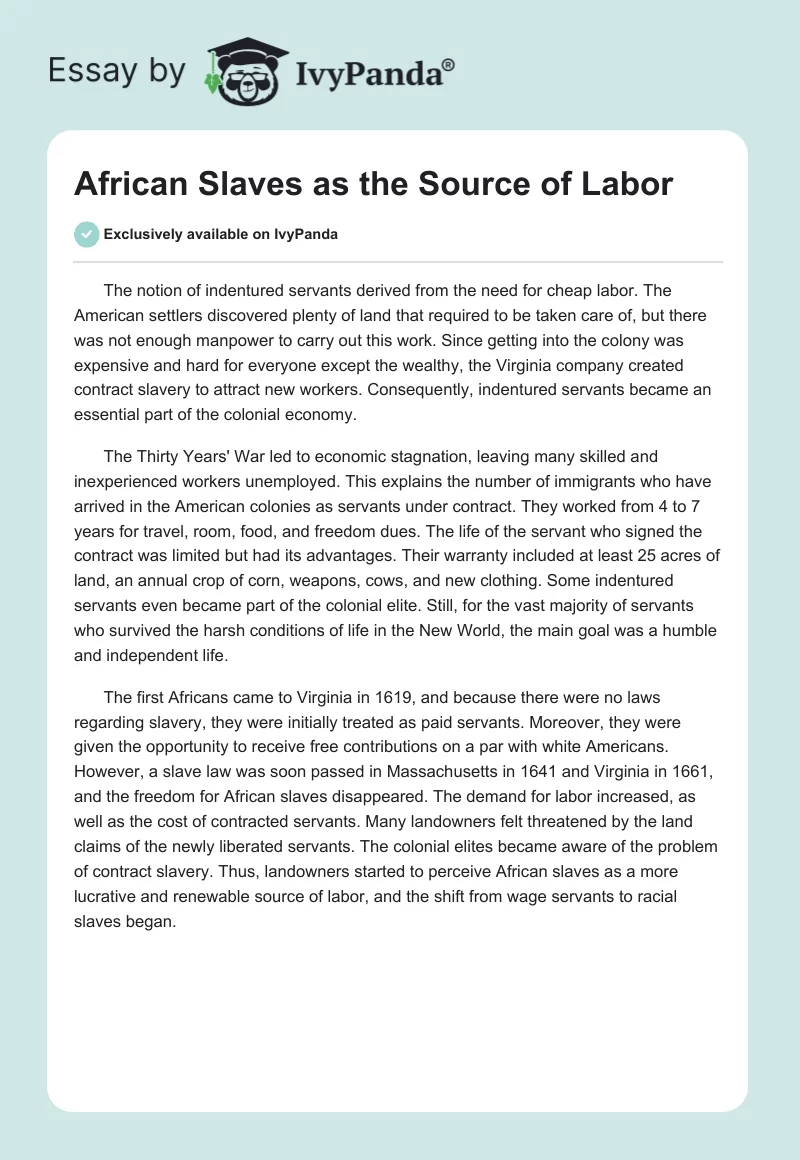 African Slaves as the Source of Labor. Page 1