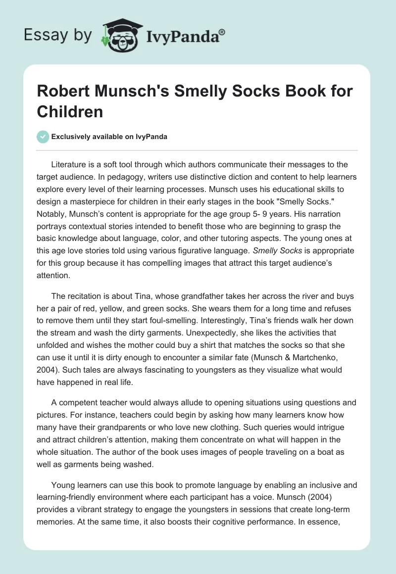 Robert Munsch's "Smelly Socks" Book for Children. Page 1
