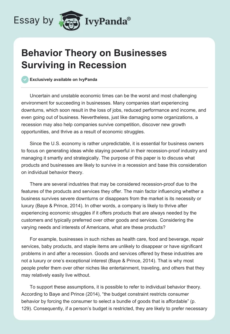 Behavior Theory on Businesses Surviving in Recession. Page 1