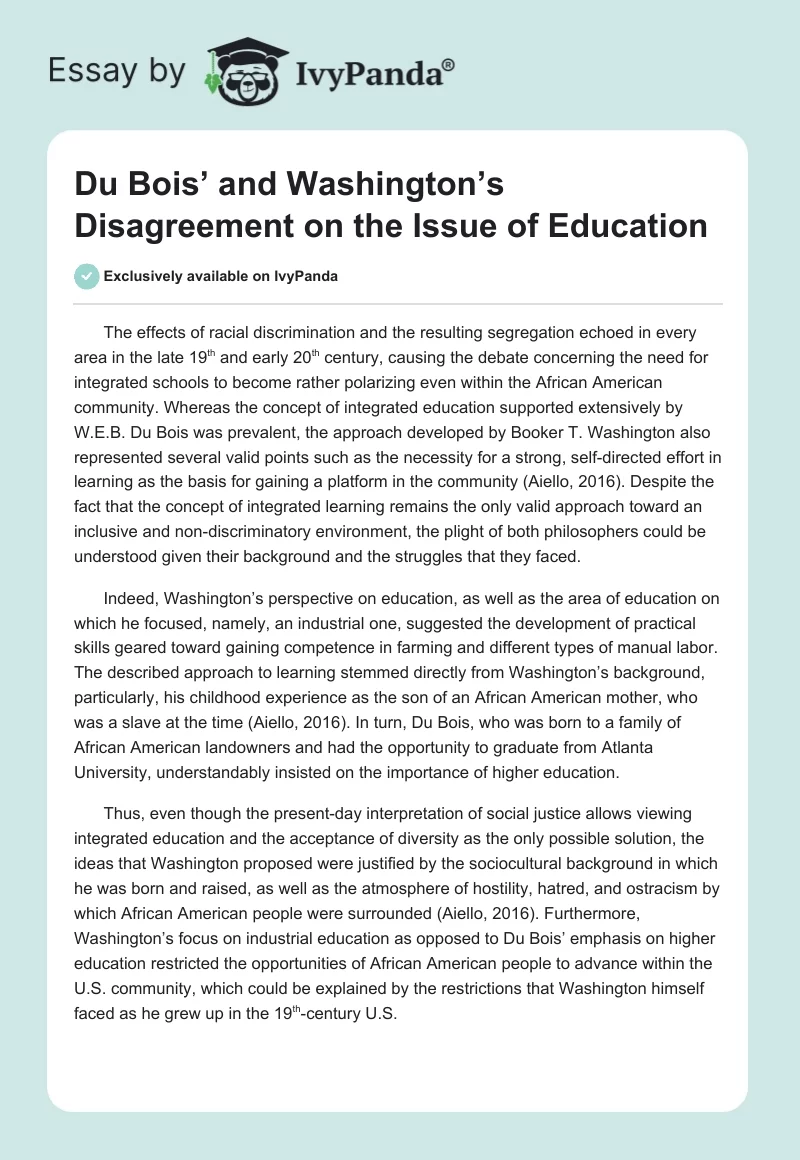 Du Bois’ and Washington’s Disagreement on the Issue of Education. Page 1